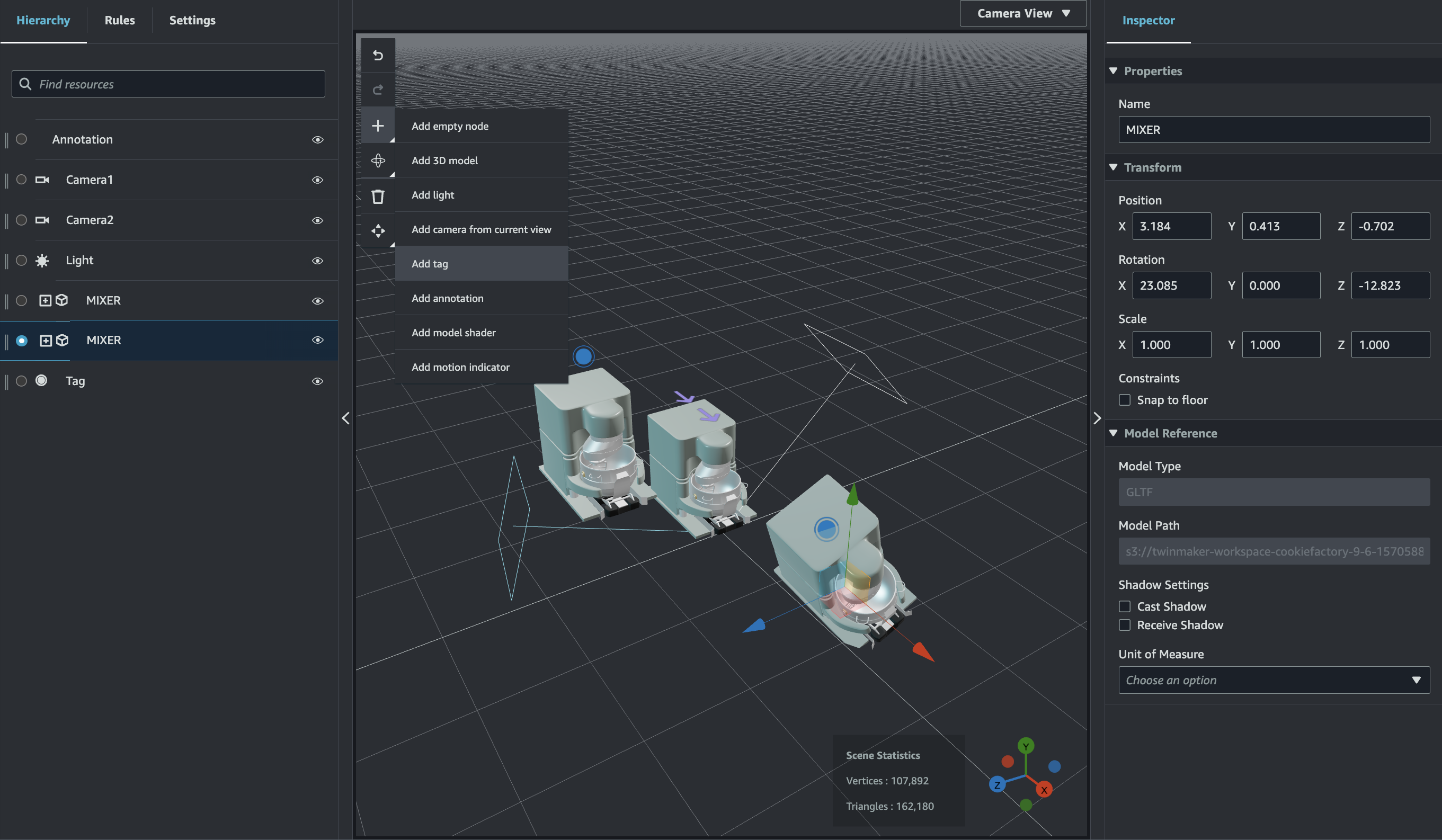 プラスボタンが選択され、タグの追加オプションが強調表示されたシーン。